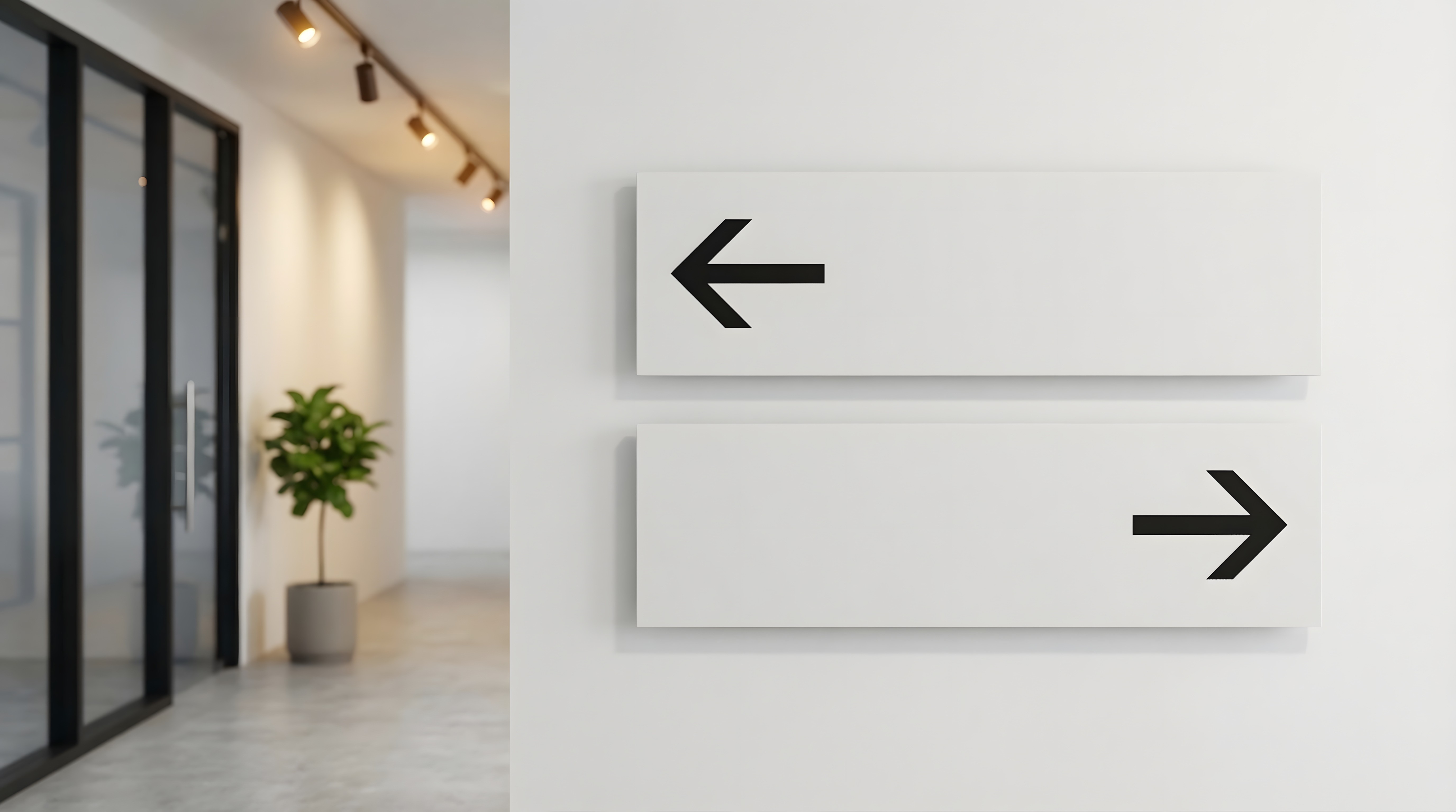 Two directional arrows on office wall representing the choice between bridging loans and second mortgages