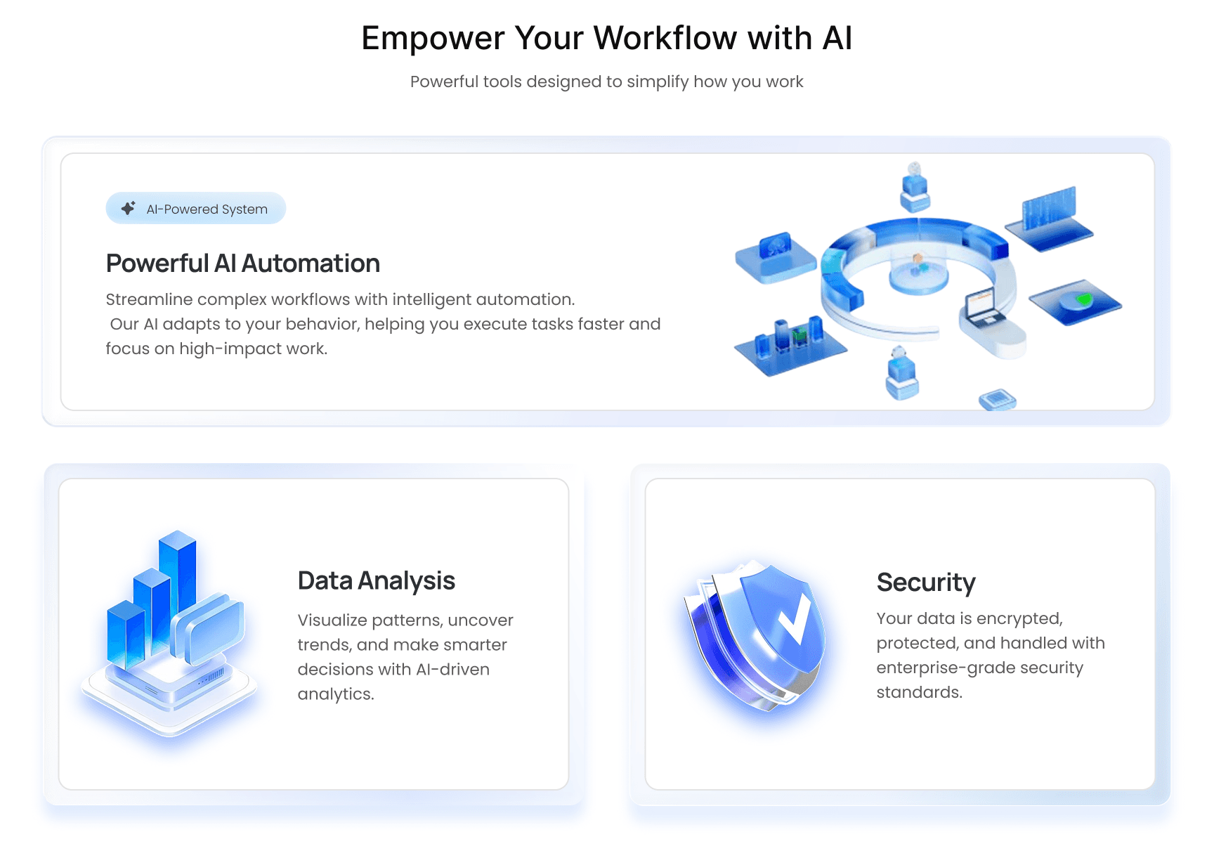This section communicates the product’s core value through a clear headline and structured feature layout. Complex AI capabilities are simplified using concise copy and supportive visuals, making them easy to understand.  A primary feature creates focus, while secondary features are presented as scannable cards improving clarity, reducing cognitive load, and helping users quickly grasp key capabilities.