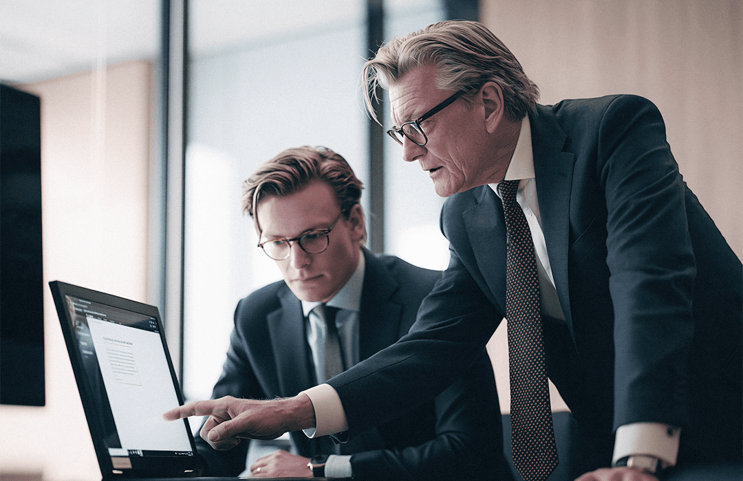 Um executivo experiente de óculos aponta para a tela de um laptop, explicando algo para um colega mais jovem em um escritório corporativo. Inspira blog post.
