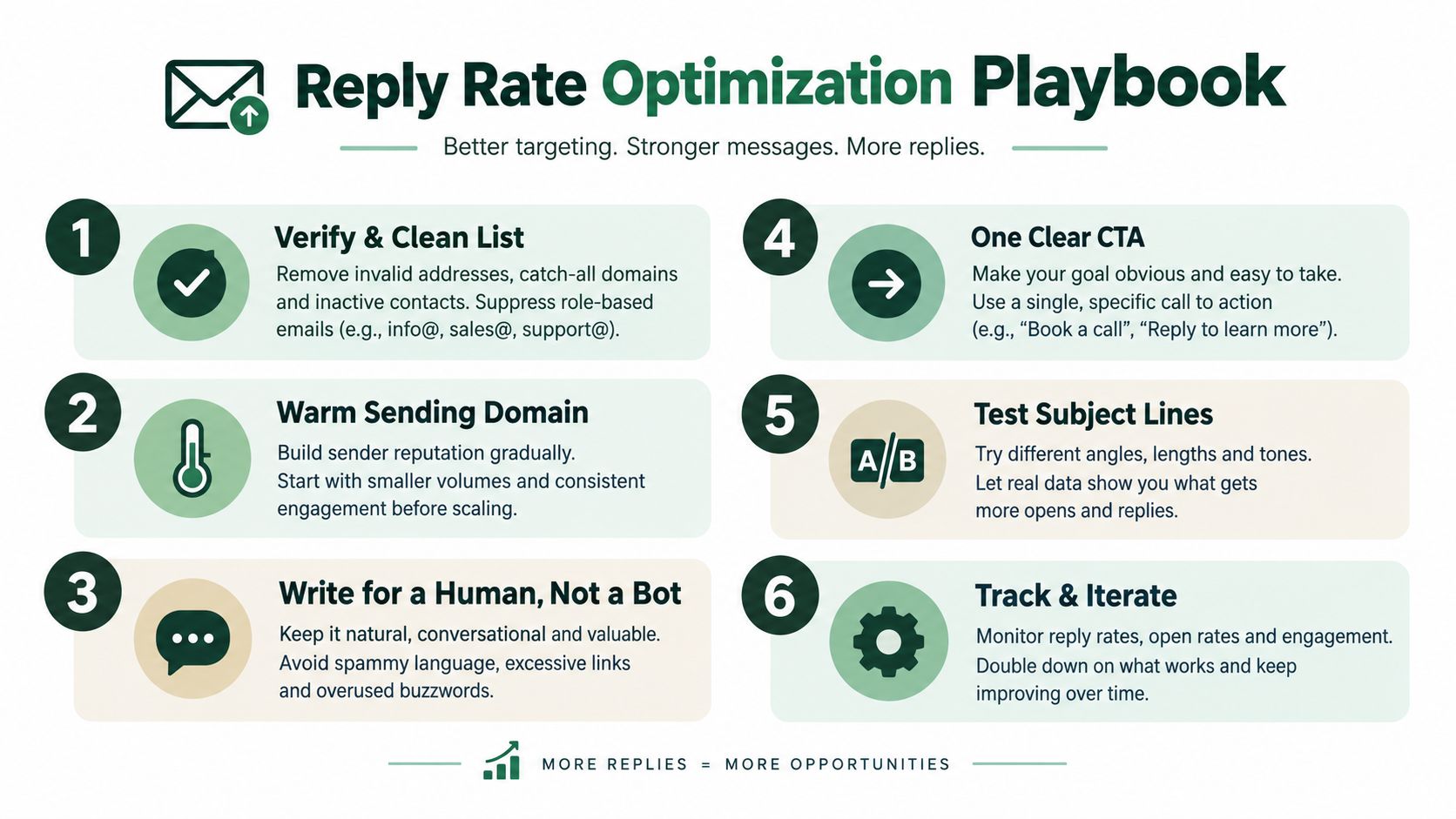 A six-step infographic titled Reply Rate Optimization Playbook designed to improve cold email marketing strategies.