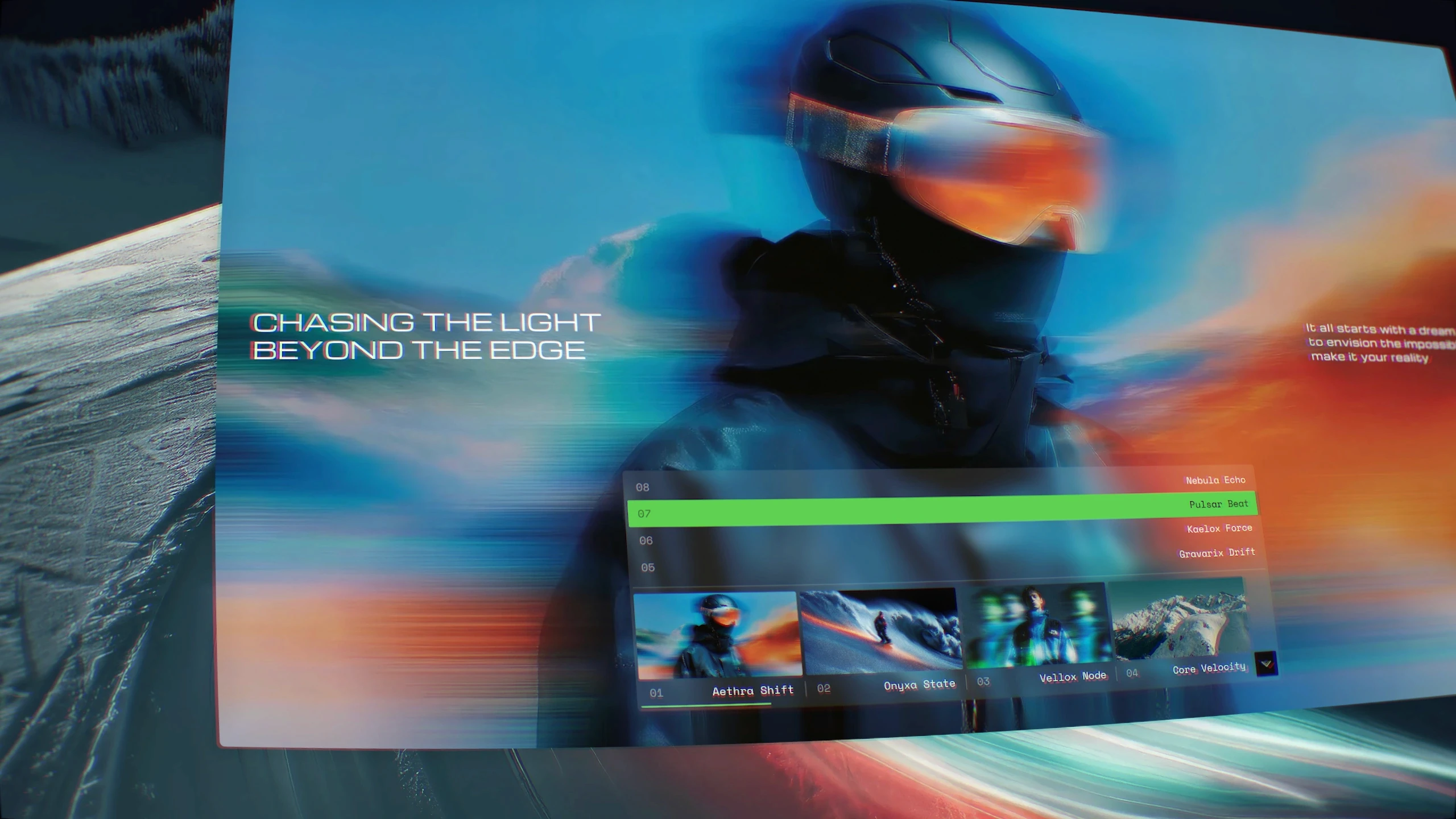 Pulse Slider gallery with a skier hero image, thumbnail navigation and a vertical slide list.