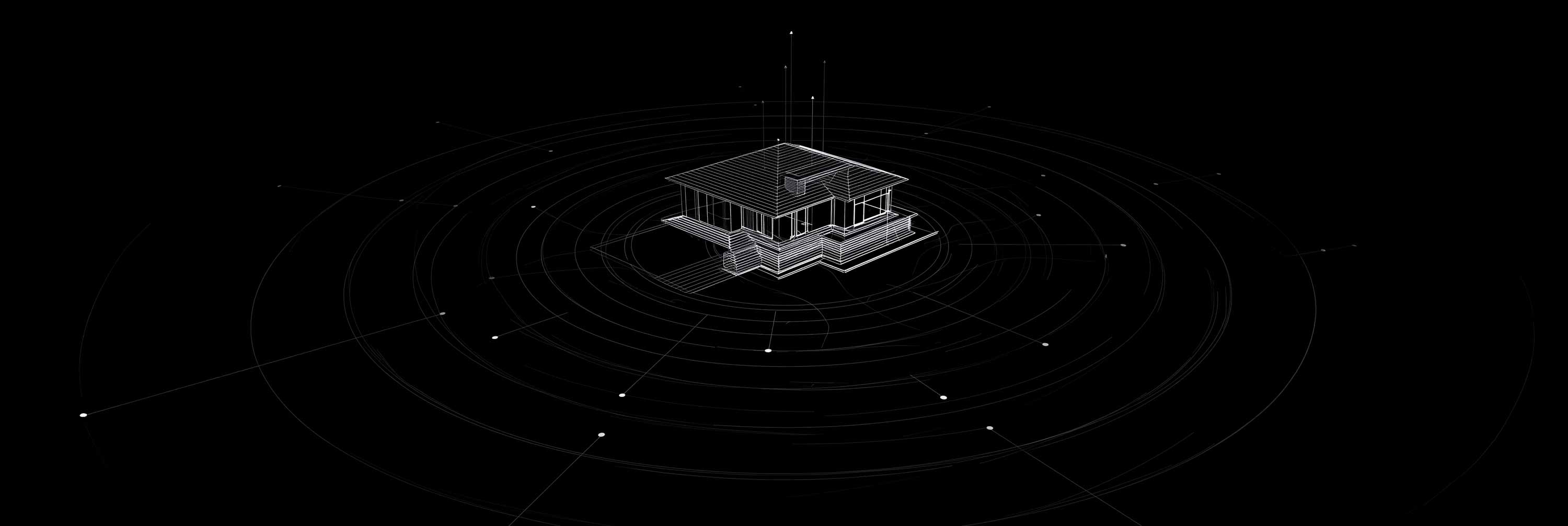 A minimalist architectural wireframe of a modern house is centered against a black background, surrounded by concentric circular lines, evoking a futuristic and technical design concept.