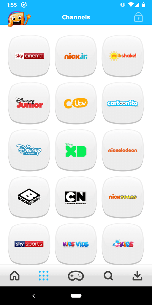 App channels screen showing a mix of brand colours used across the app