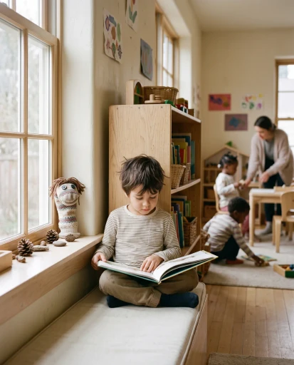 A five-year-old reading a picture book on the window seat