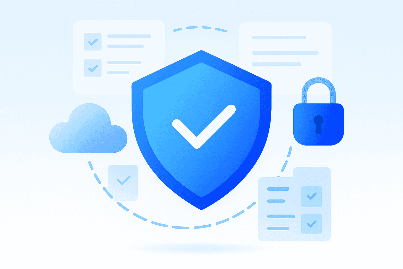 Google-style minimal illustration showing a digital shield surrounded by lock and cloud icons, representing secure cloud compliance and trust in enterprise environments.
