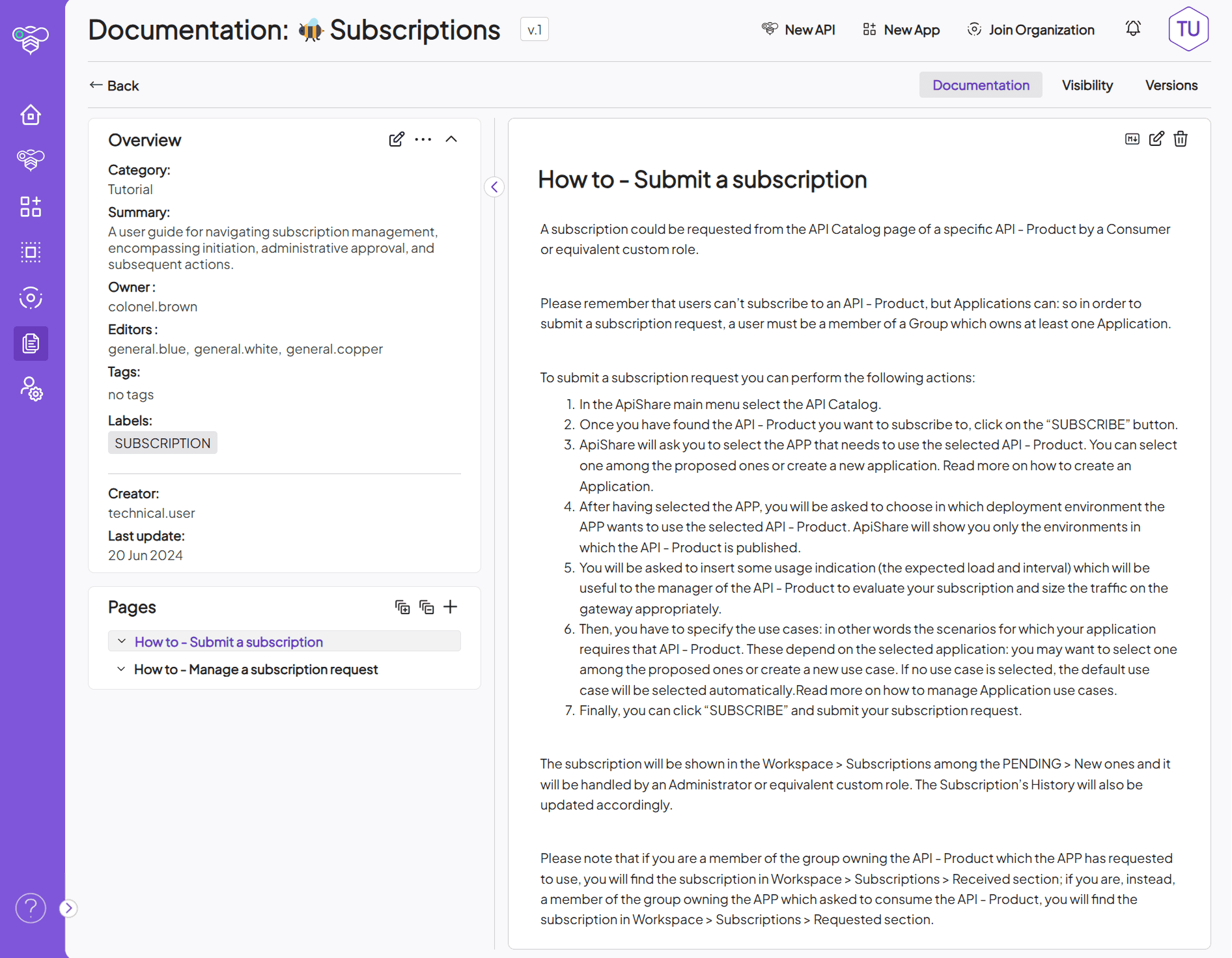 ApiShare: documentation section (document editing)