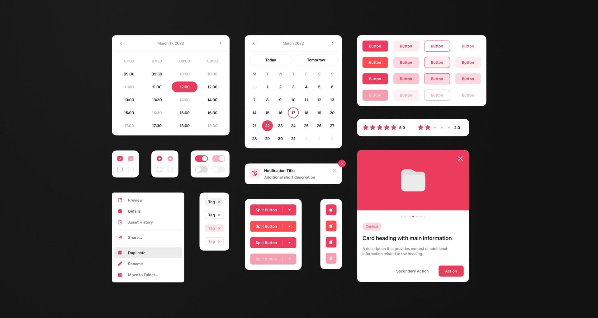 Design system components in red.