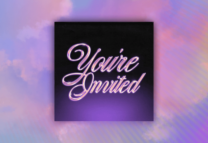 Bold neon-style engagement invite that says ‘You’re Invited’ with a dreamy purple-pink glow.