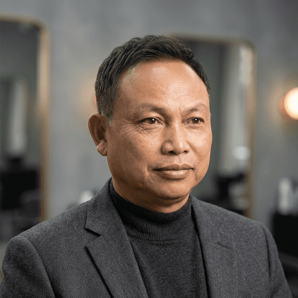 A professional headshot of a middle-aged Asian man with a well-groomed, natural-looking haircut in a high-end salon setting with soft lighting and blurred background. He is wearing a sophisticated dark charcoal grey wool blazer over a black turtleneck sweater, looking confidently towards the left.