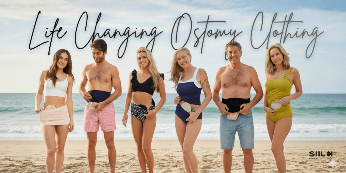 A diverse group of ostomates confidently showcasing SIIL Ostomy's stylish, functional clothing at the beach.