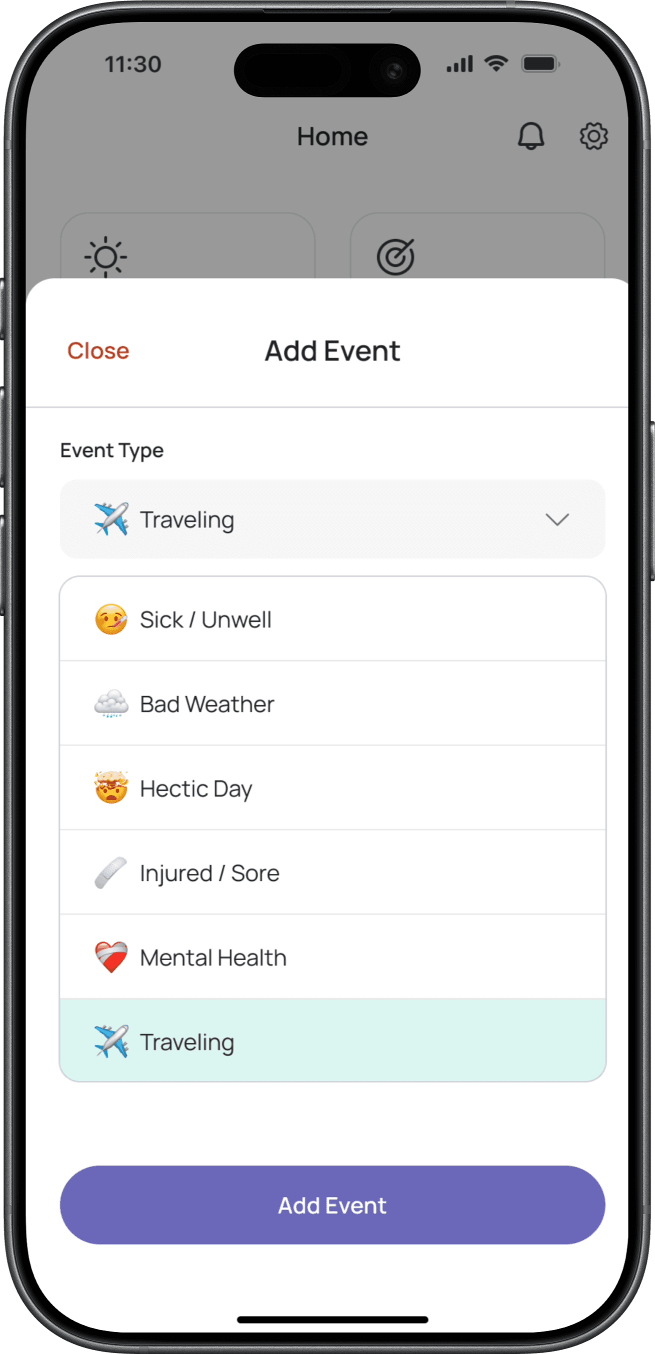 App mockup showing an option to add a travel event to fitness calendar