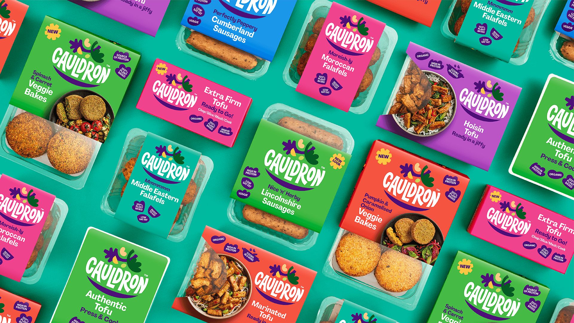 A flat lay selection of Cauldron Foods vegan products