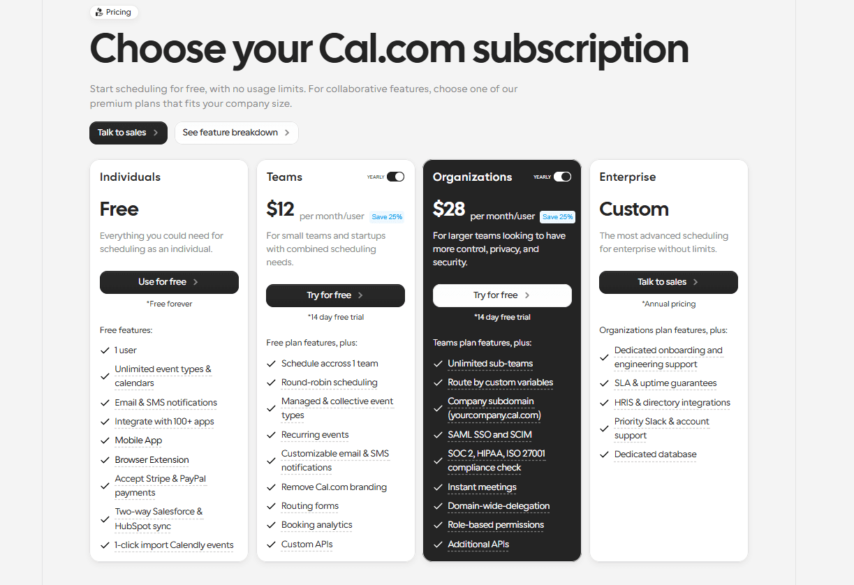 Cal.com subscription plans
