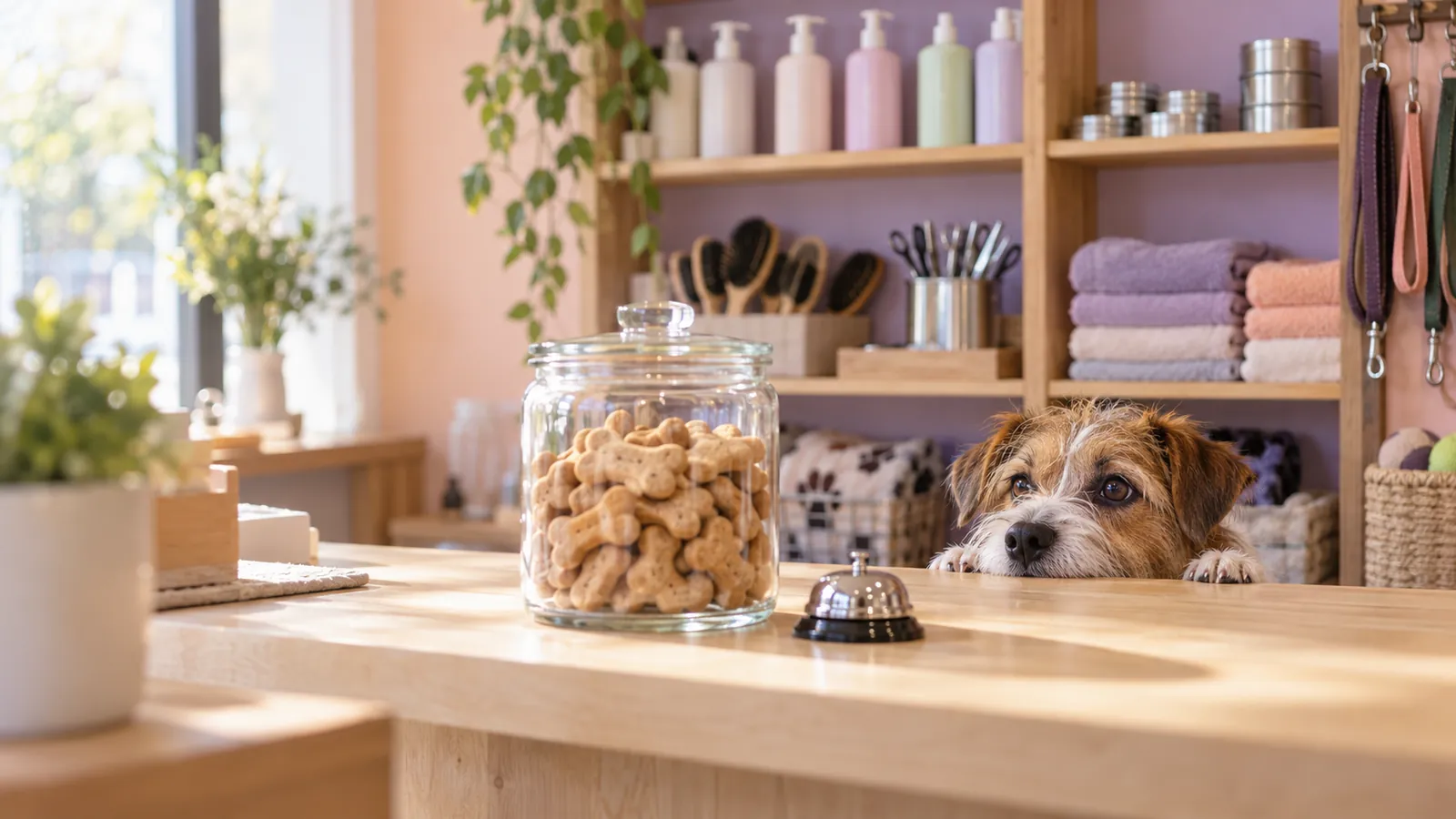 The Tubwell counter: shelves of brushes and shampoo bottles, a jar of biscuits by the till, and a dog peeking over the counter top