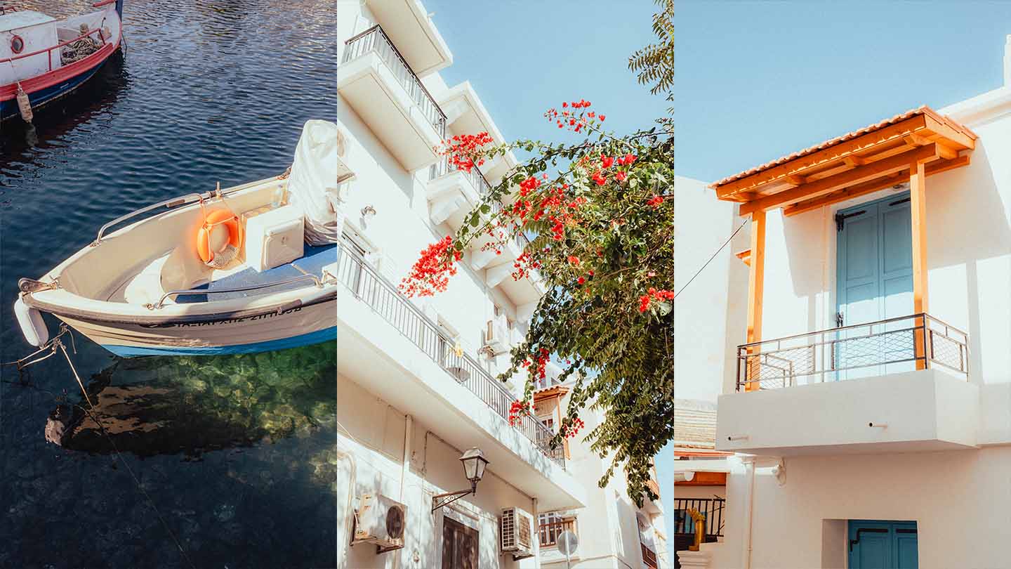 Three vertical images taken in greece, one of a boat, one of a colorful tree against the blue sky, and one of a white and orange building against the sky