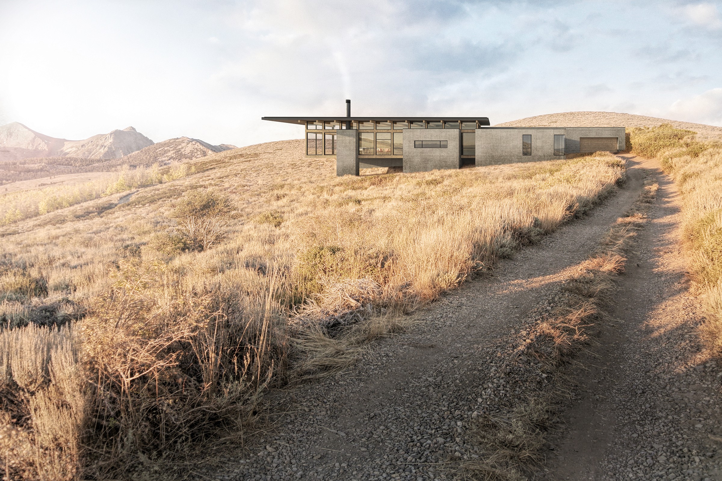 A Golden eastern California foothill landsacpe with concrete and timber modern home cantilevering over the hillside.