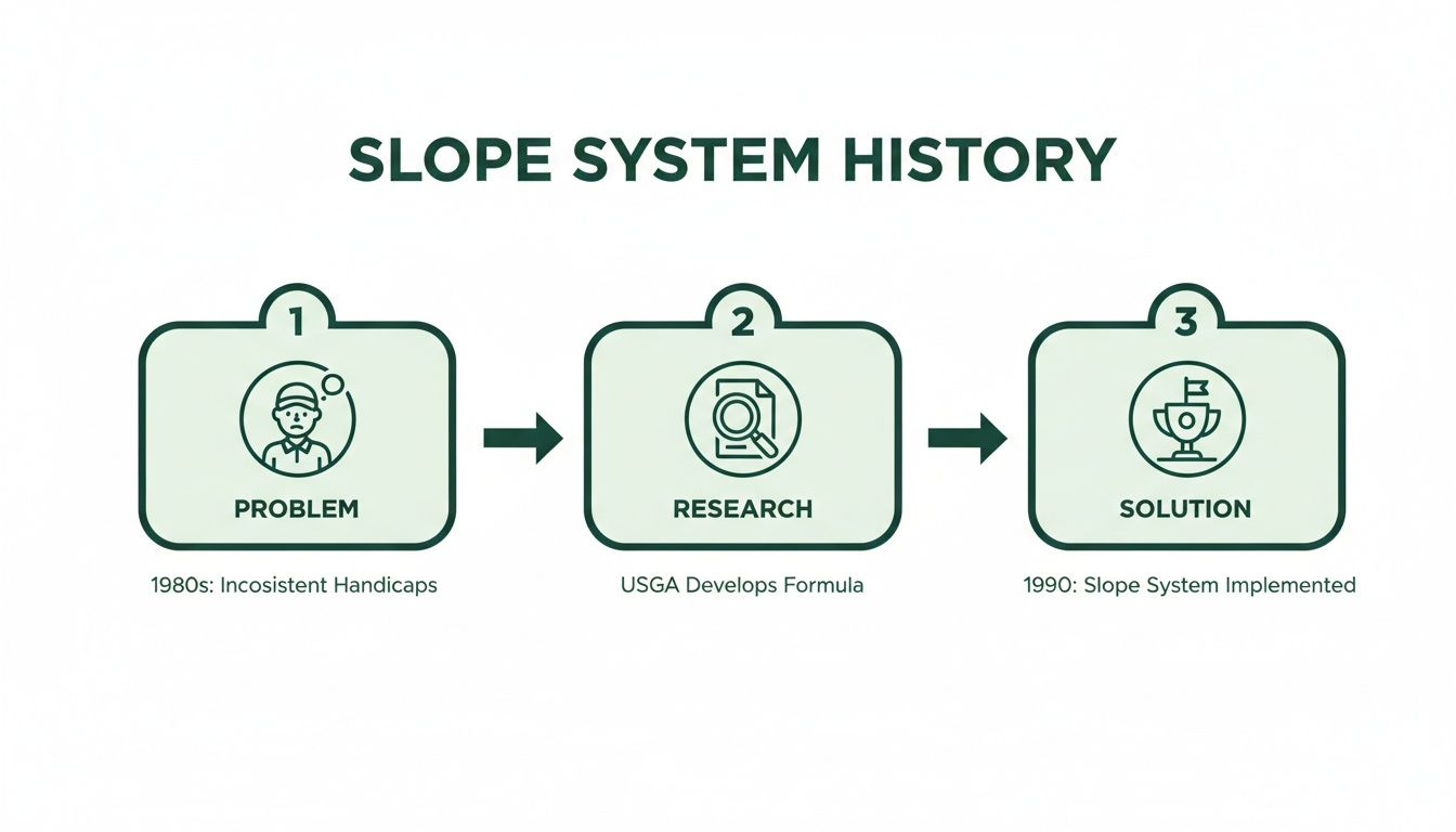 A timeline graphic illustrating the history of the golf Slope System, from problem to solution.