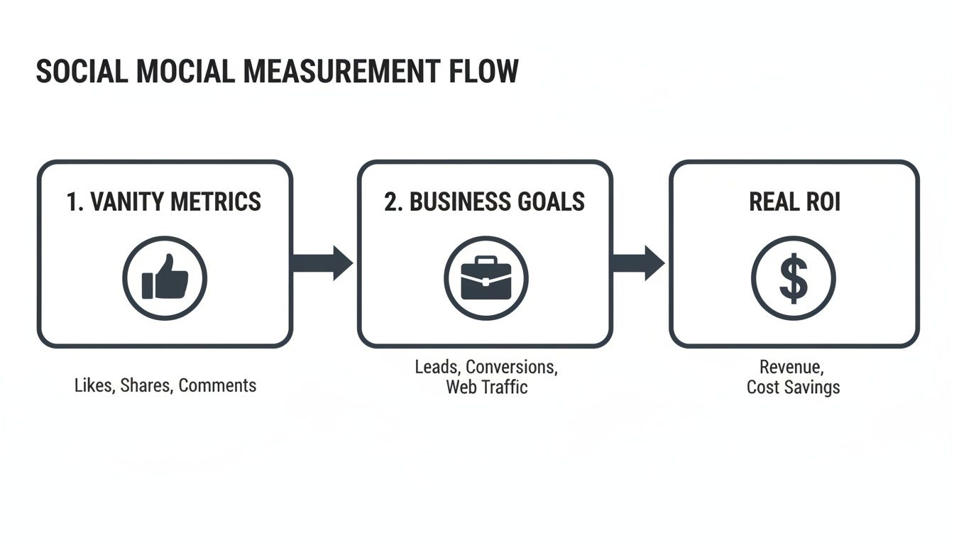 Flowchart detailing social media measurement from vanity metrics like likes to real business ROI.