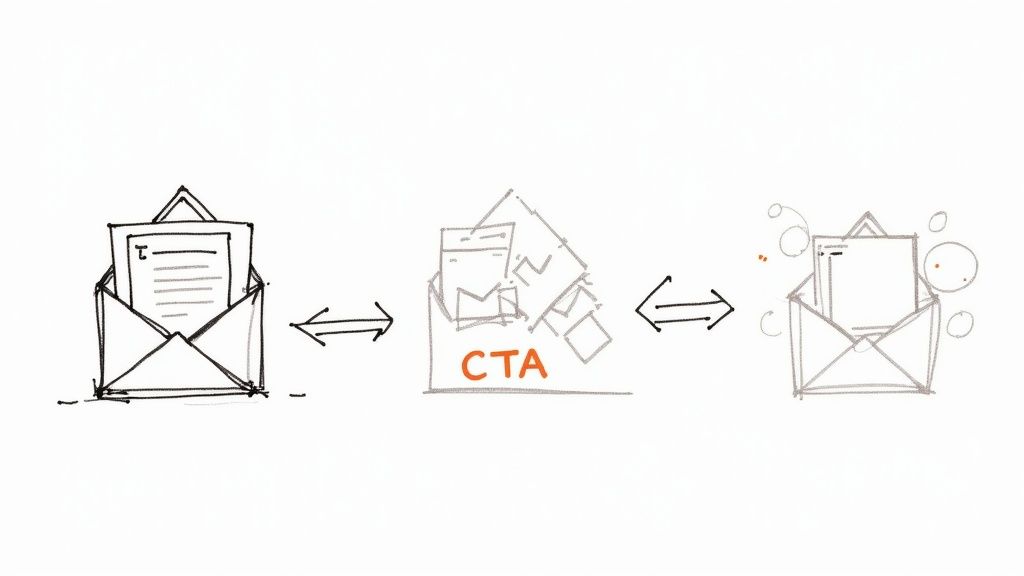 Email marketing workflow diagram showing envelope with document, CTA elements, and conversion process illustration