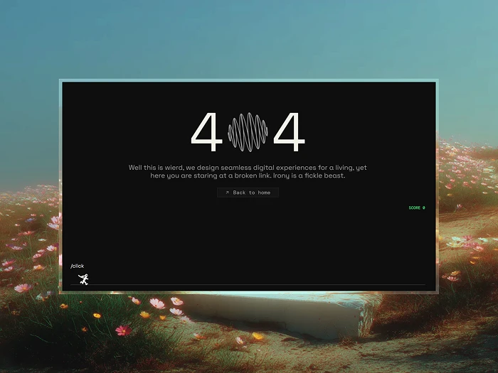 Dark mode interactive 404 error page with waveform logo, back-to-home button, and playable mini ninja runner game.
