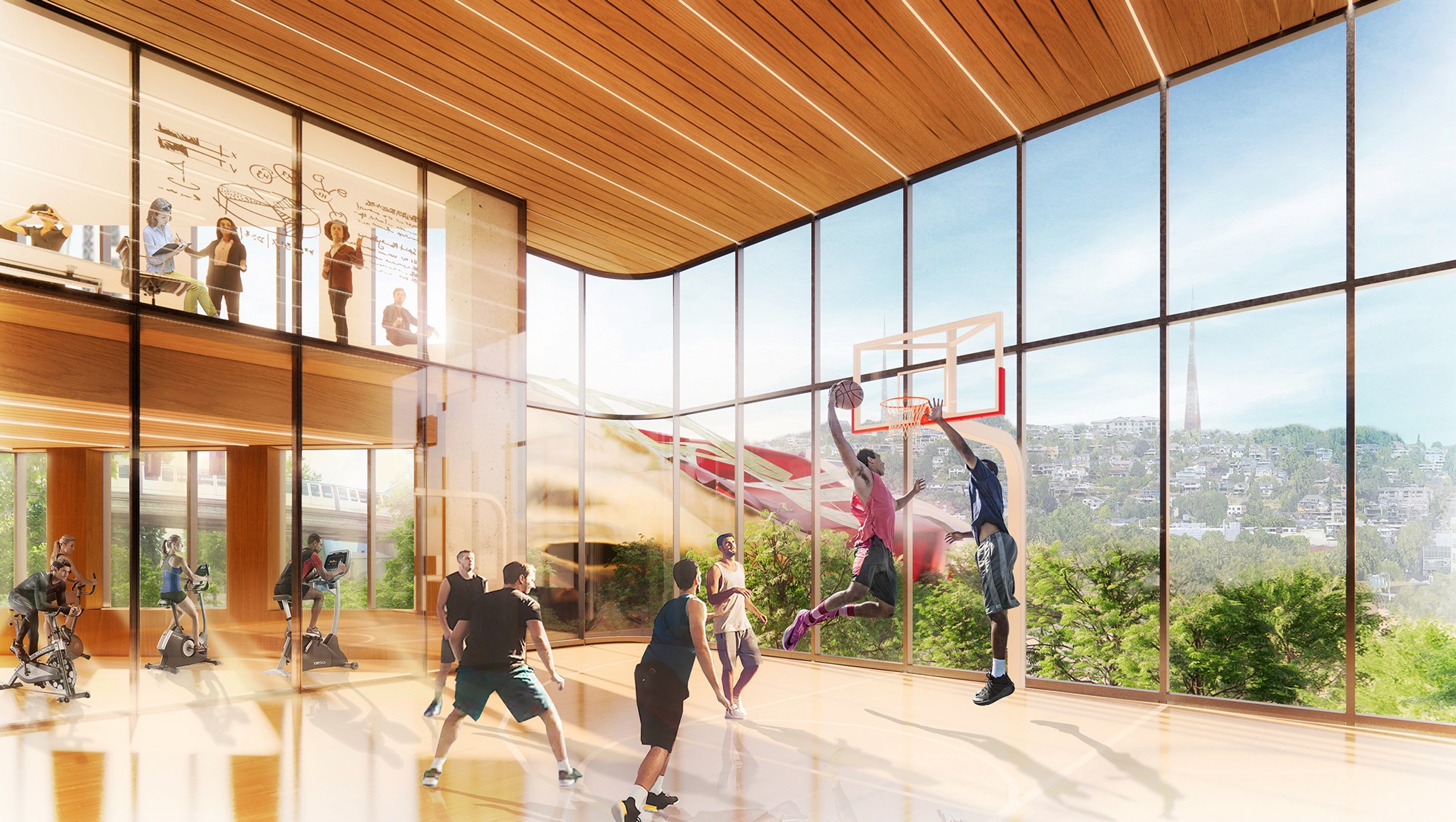 Double-height basketball court with dramatic glazing facing Queen Anne, flanked by fitness and conference rooms.