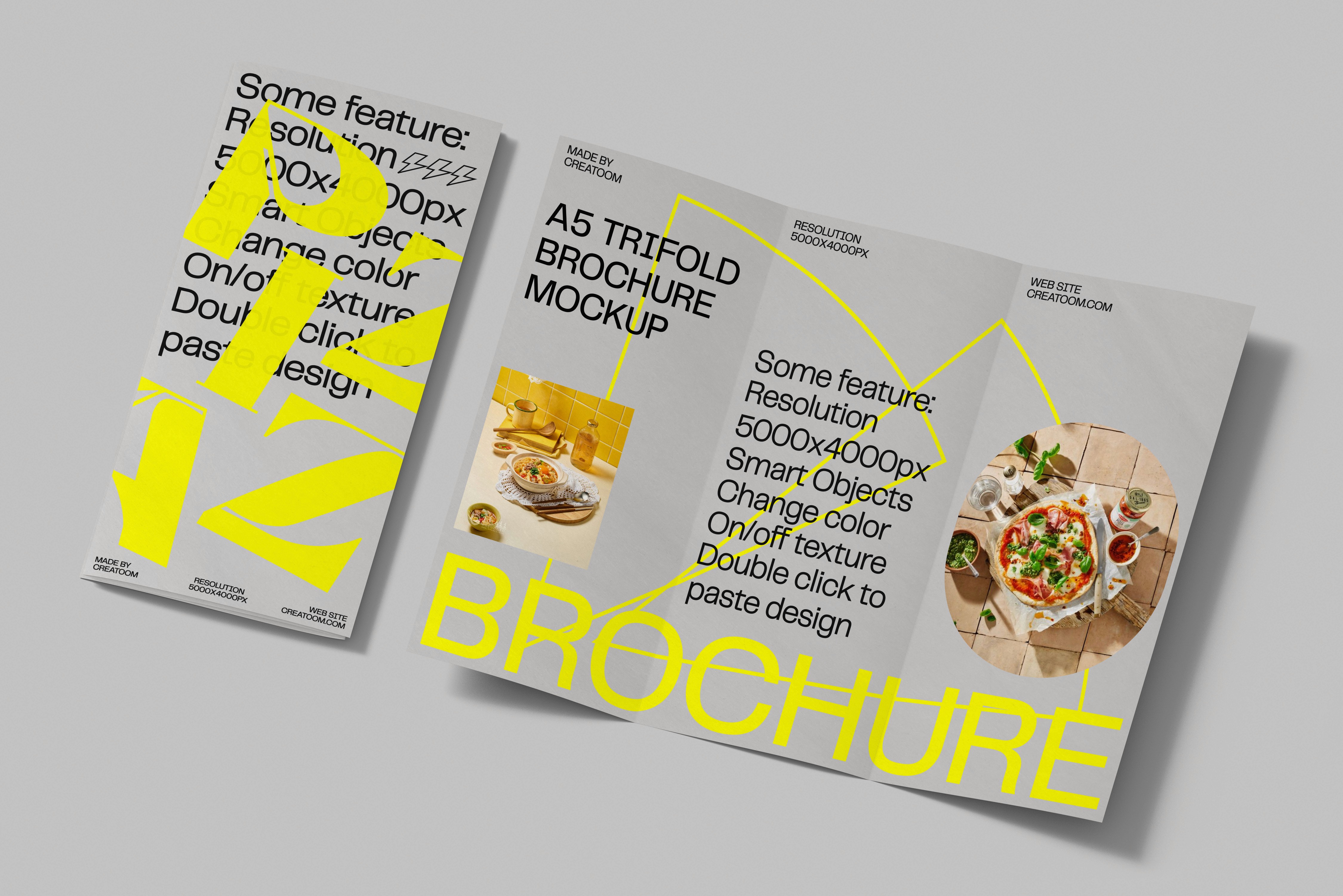 Modern food magazine brochure mockup with bold typography and bright yellow accents