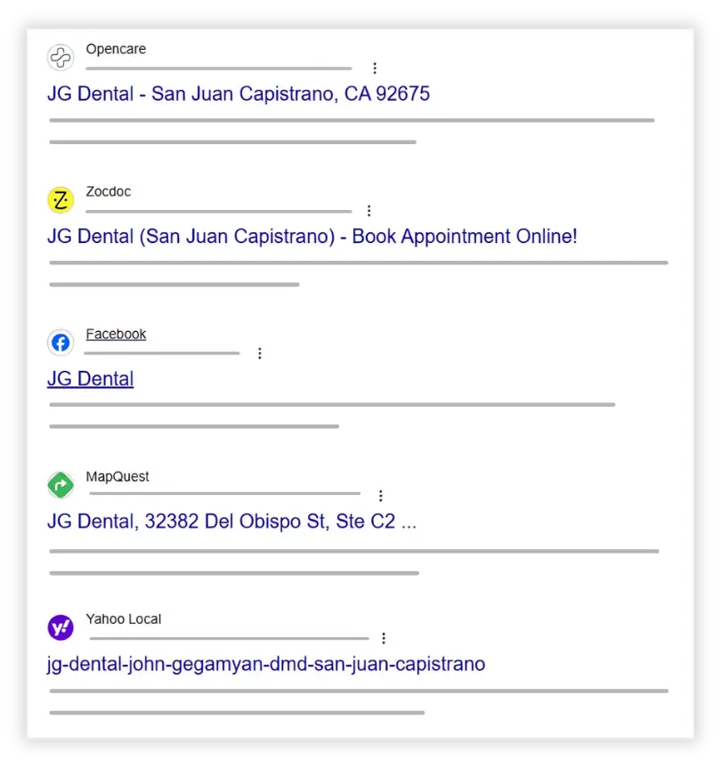 Search results for JG Dental across directories with locations and contact info