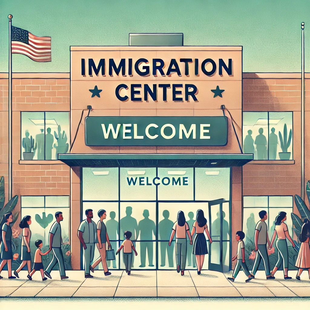 An exterior view of an immigration center building with a welcoming sign and diverse individuals entering, highlighting the importance of choosing the right immigration center.