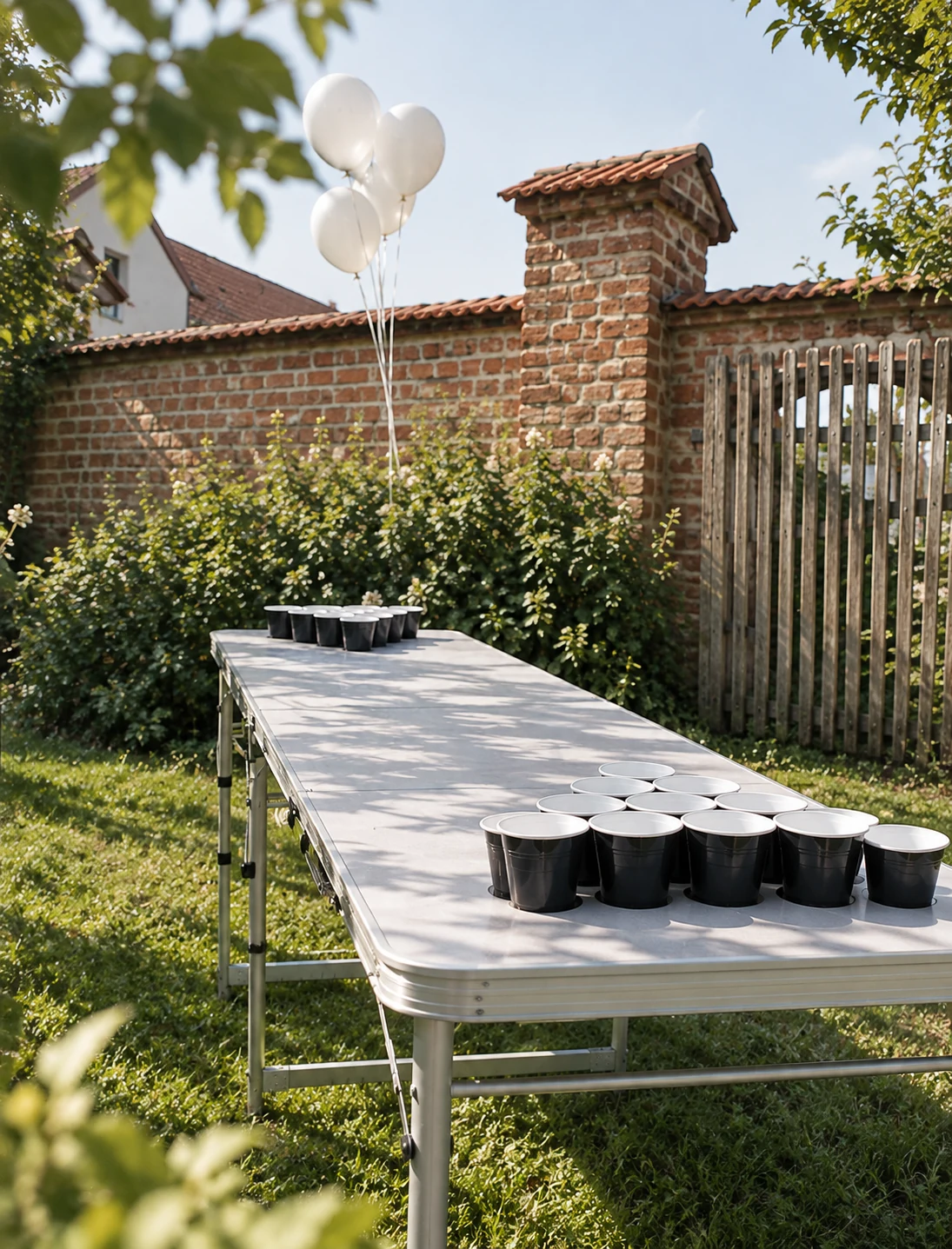 Beerpong-Tisch mit Bechern im Garten