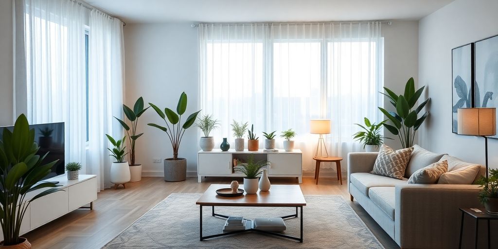 Modern living room with smart furniture and vibrant decor.