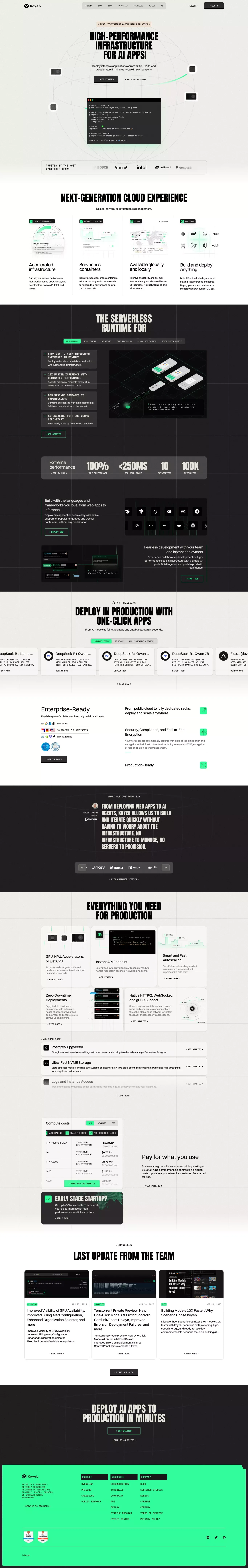 Koyeb: High-performance Infrastructure f landing page screenshot showcasing AI and Tech design