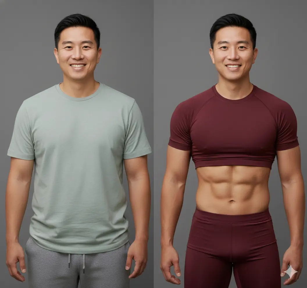 Side-by-side comparison of a man standing against a grey background, shown before and after a fitness transformation, wearing casual clothing on the left and athletic clothing on the right.