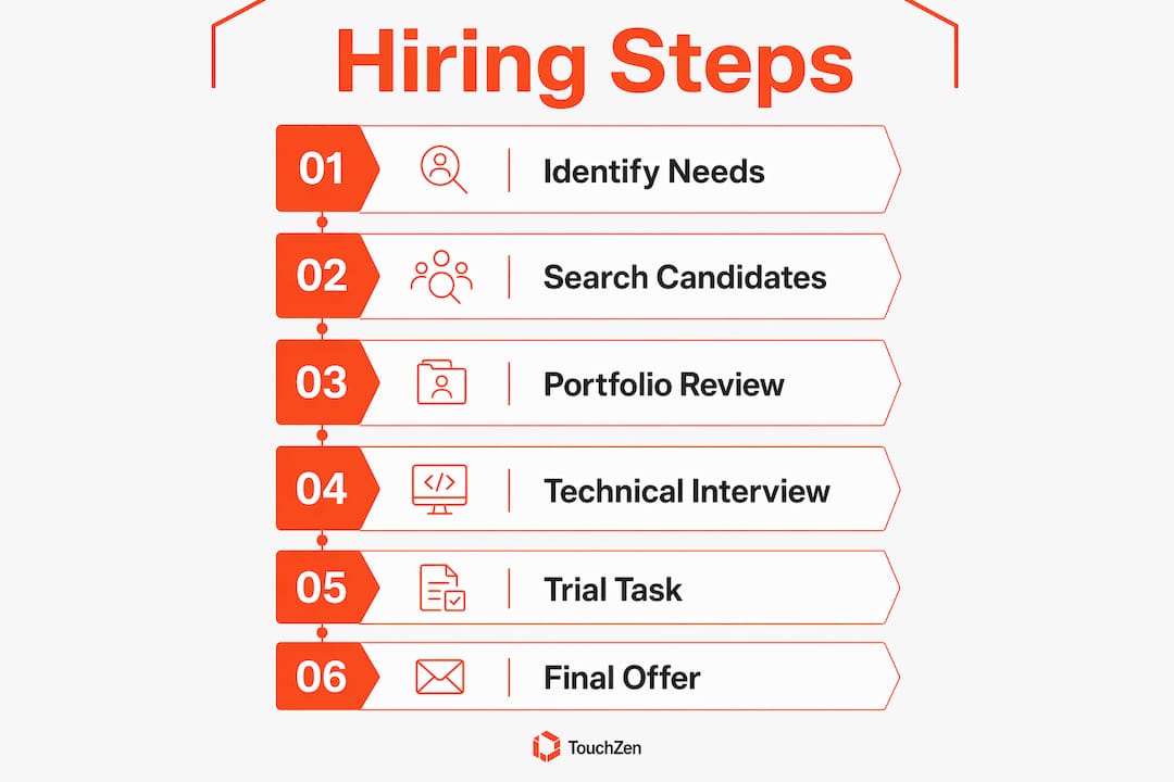 Infographic showing step-by-step Flutter developer hiring process