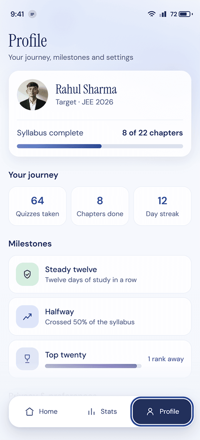 JEE Prep App core navigation screen (3 of 3)