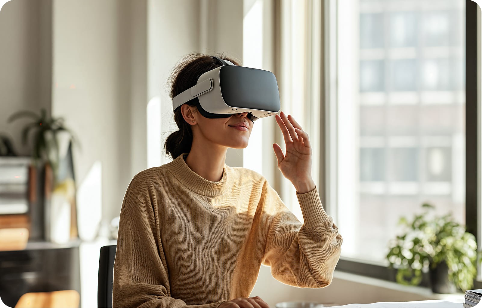 A woman experiencing VR glasses in an office.