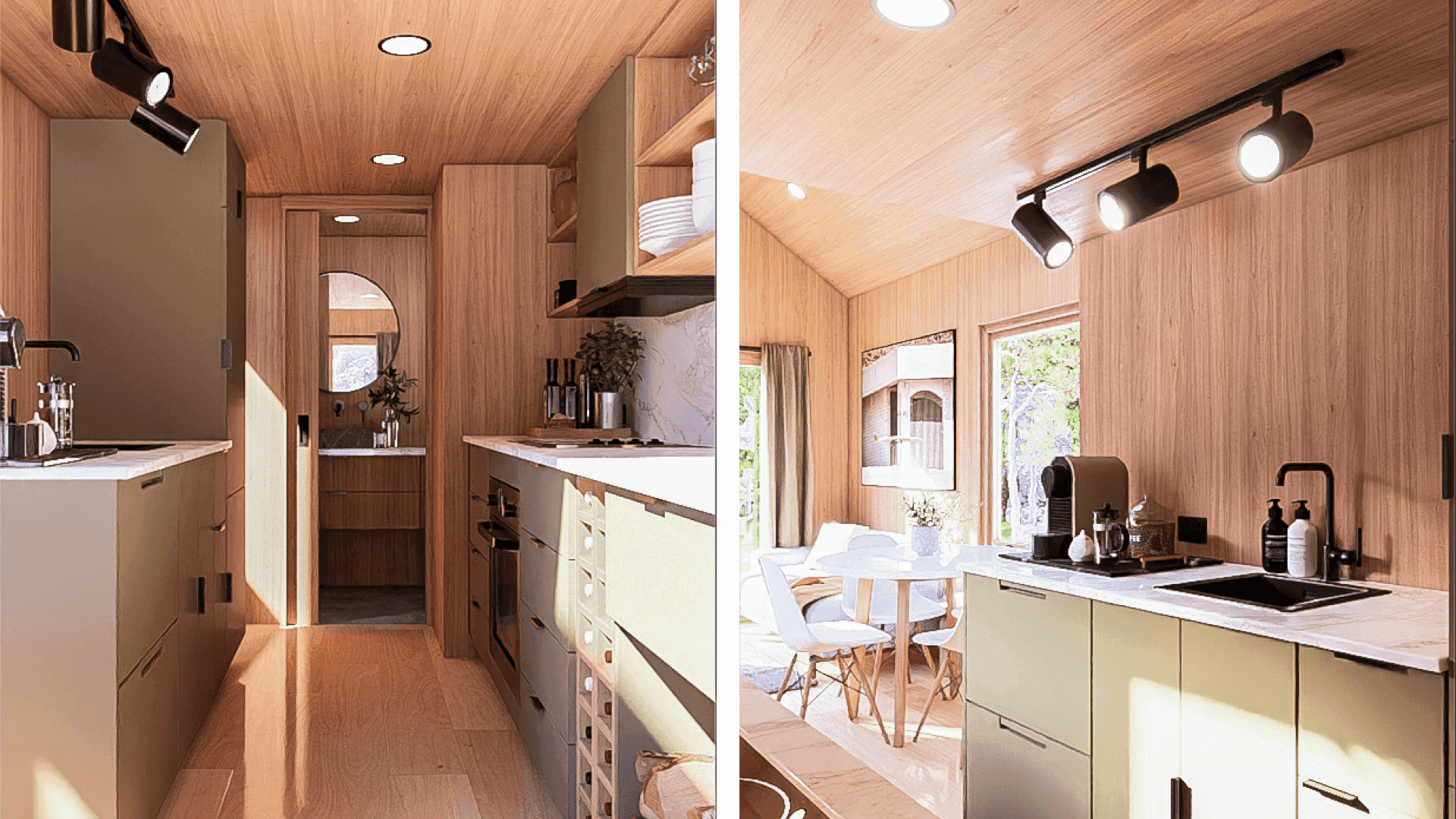 Green Tiny House with loft features a galley-style kitchen in this tiny house with loft