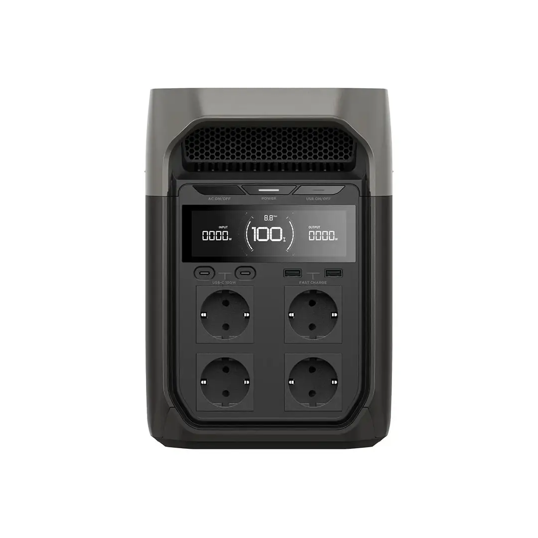 Передня панель EcoFlow DELTA 3 з дисплеєм, чотирма розетками AC та USB-портами.