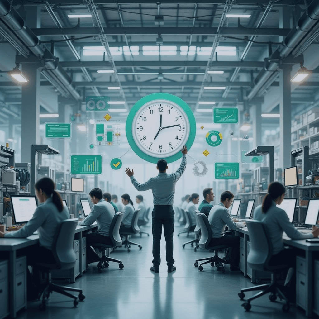 des personnes travaillant et regardant une horloge