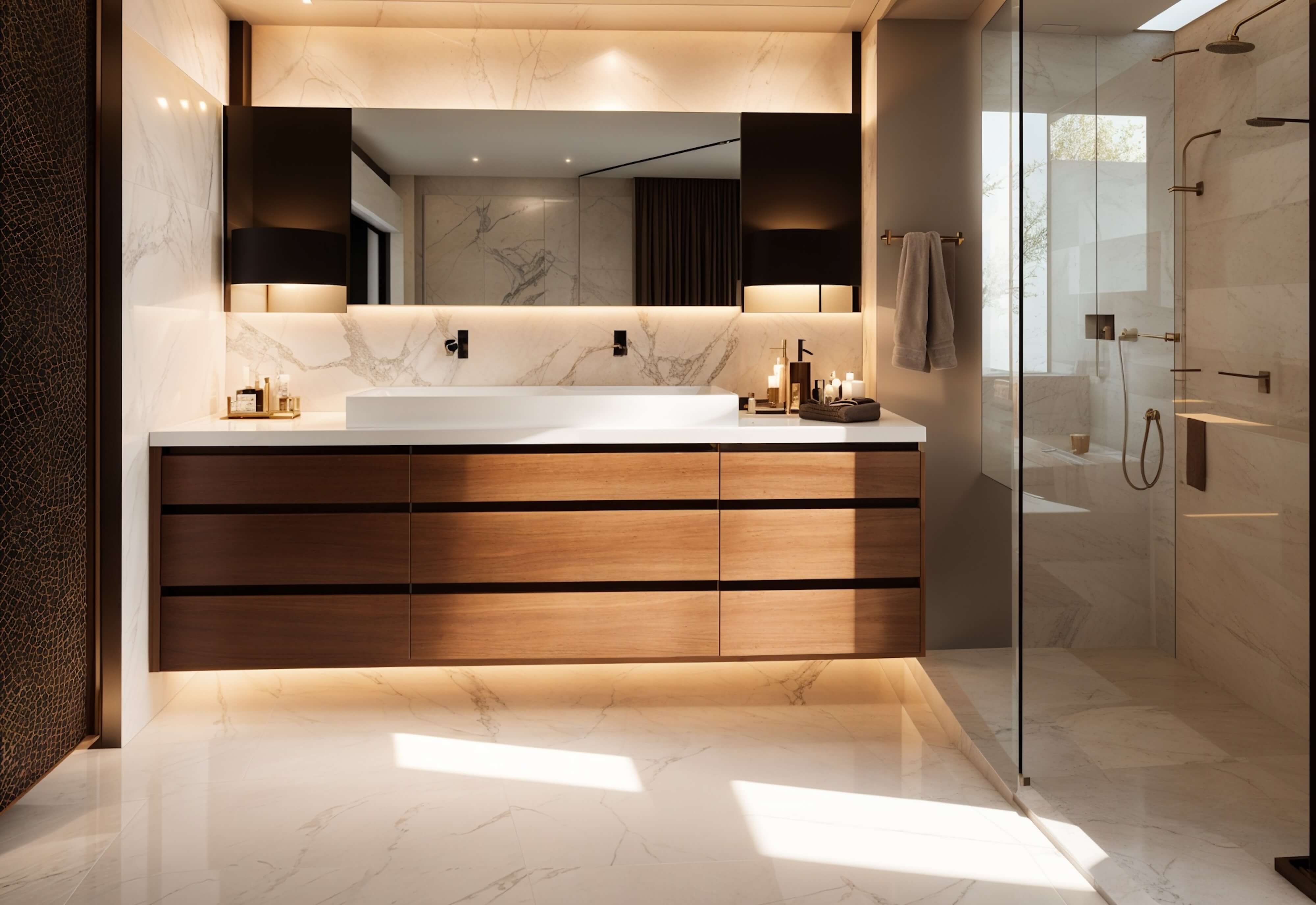 Contemporary yacht bathroom with floating wood vanity, marble flooring, glass shower enclosure, and warm ambient architectural lighting.