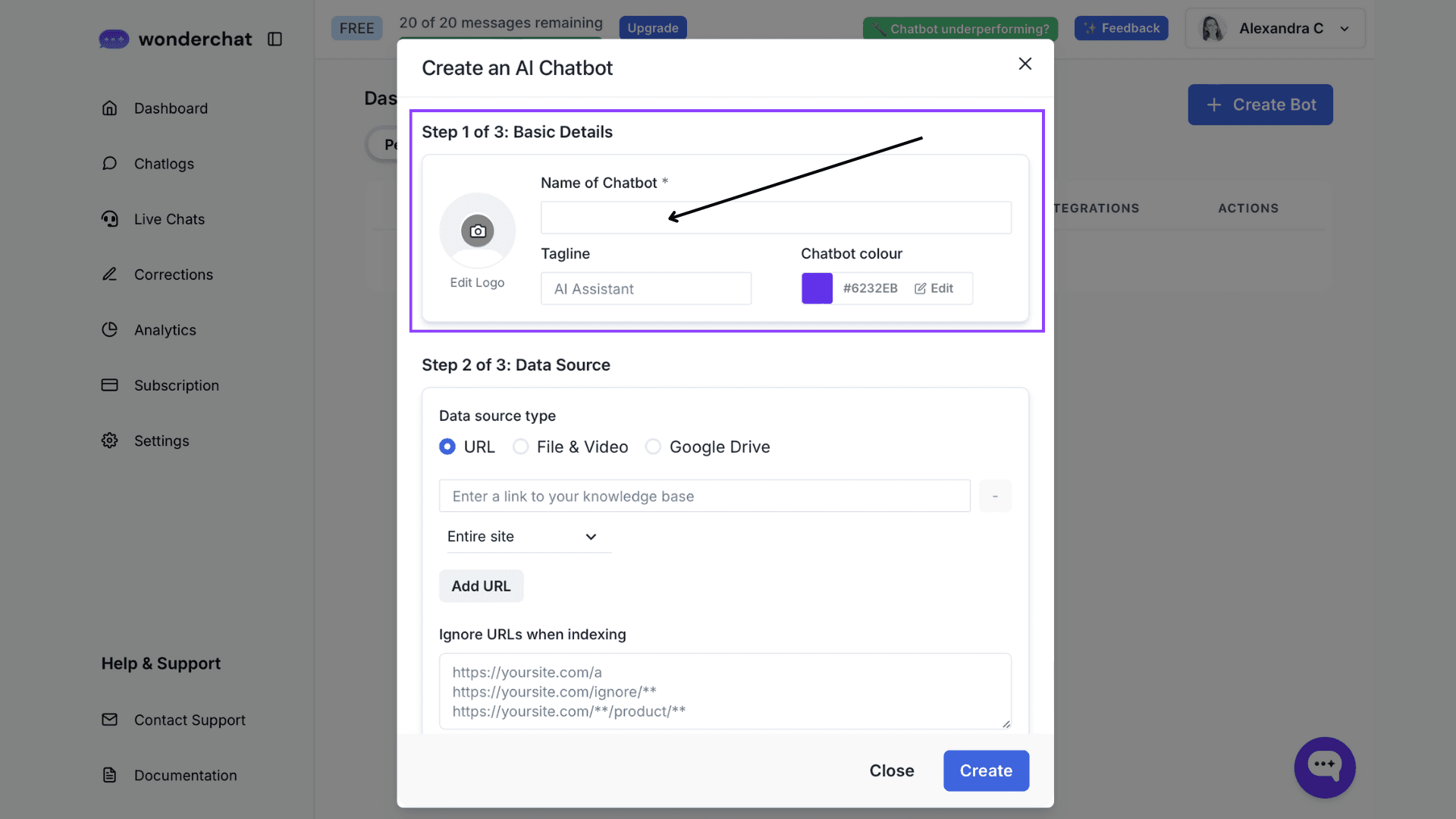 Chatbot creation window