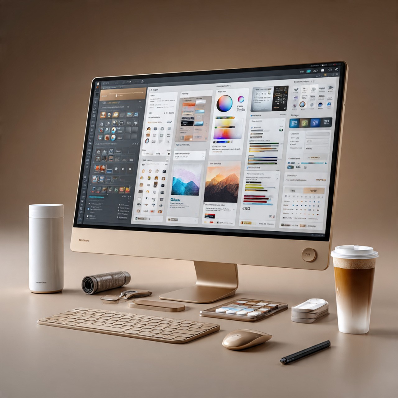 A sleek desktop setup with a large monitor displaying a design application with various tools and color palettes. The desk includes a stylish keyboard, mouse, pen, and a coffee cup, all in elegant golden and white tones, conveying a modern, professional atmosphere.