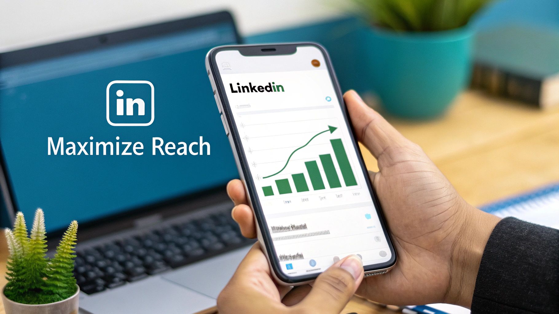 A desk with a laptop open to LinkedIn, showing a carousel post with high engagement, alongside a notepad and pen for strategy planning.