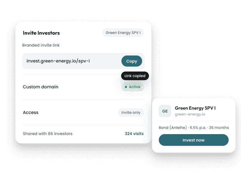 Invite investors view with branded investment link, custom domain and access controls