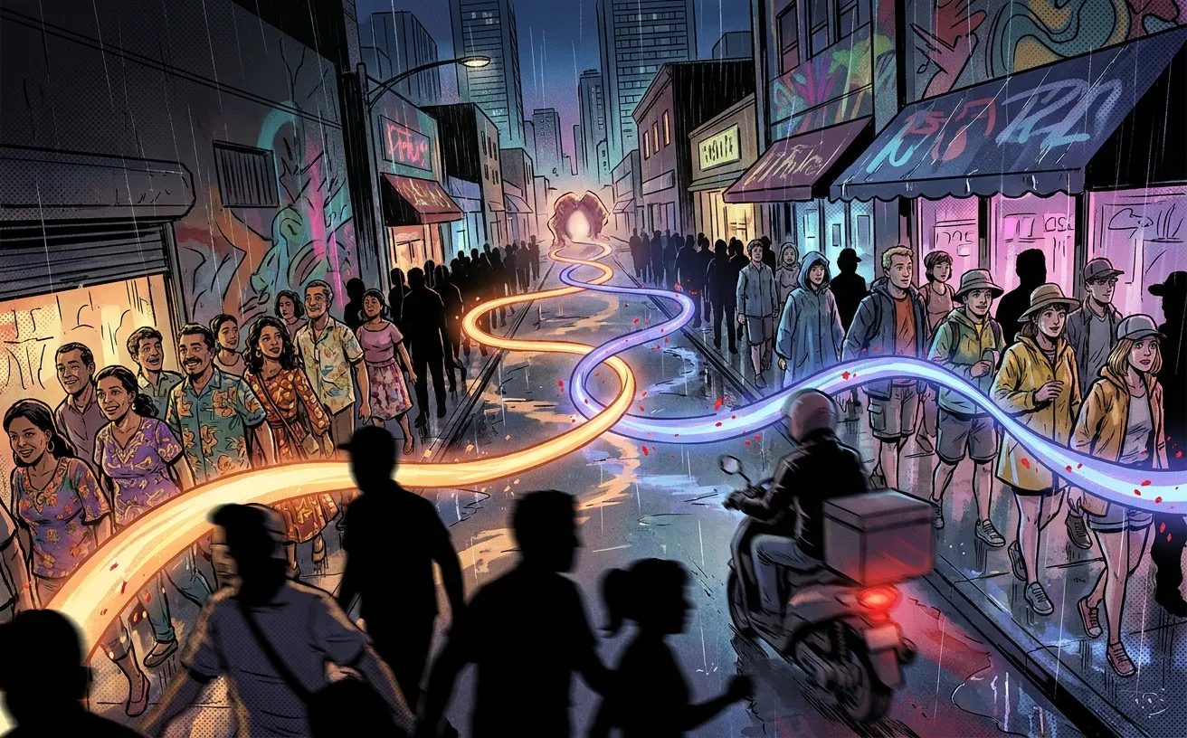 Vibrant city street with colorful light trails, emphasizing RockN' Socials in digital marketing.