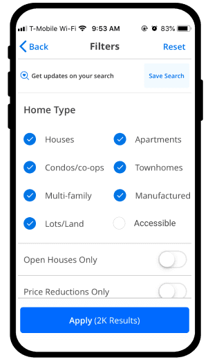 Zillow's filtering page with a new accessible filter added.