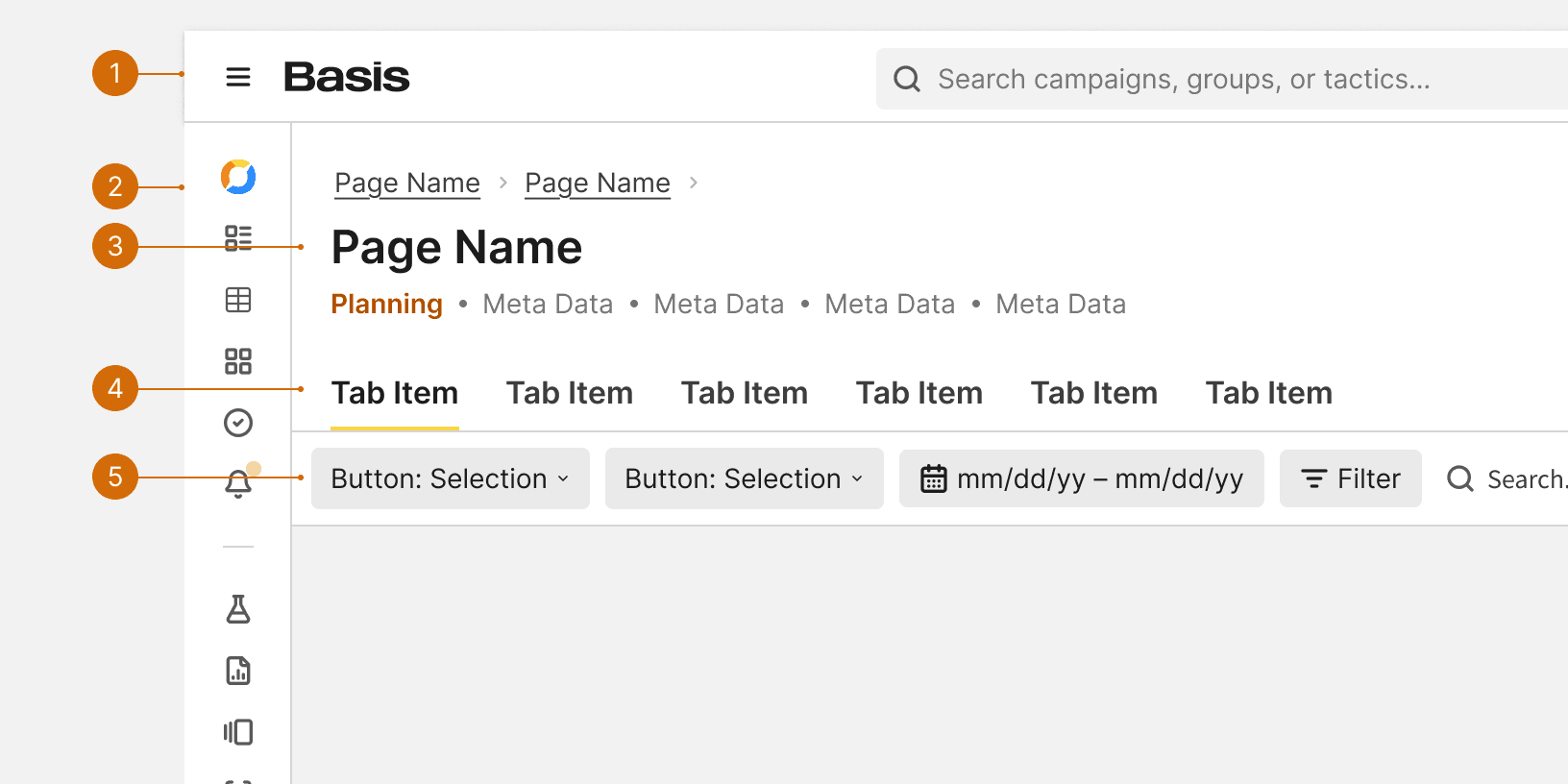 Page Header anatomy: preview and numbered breakdown of App Header, Primary Nav, Title Bar, Tabs, and Control Bar