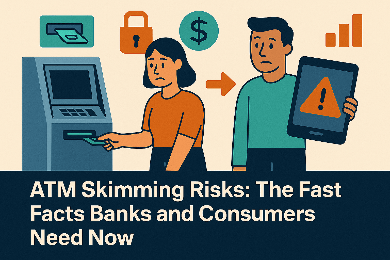 Flat-style digital illustration showing a woman using an ATM while a man nearby holds a tablet displaying a warning symbol. Icons above them depict a skimming device, a padlock, a dollar sign, and a bar chart, symbolizing ATM security threats. The background is light beige with navy, teal, and orange tones, and a navy-blue bar at the bottom displays the blog title in bold white text: ‘ATM Skimming Risks: The Fast Facts Banks and Consumers Need Now’.