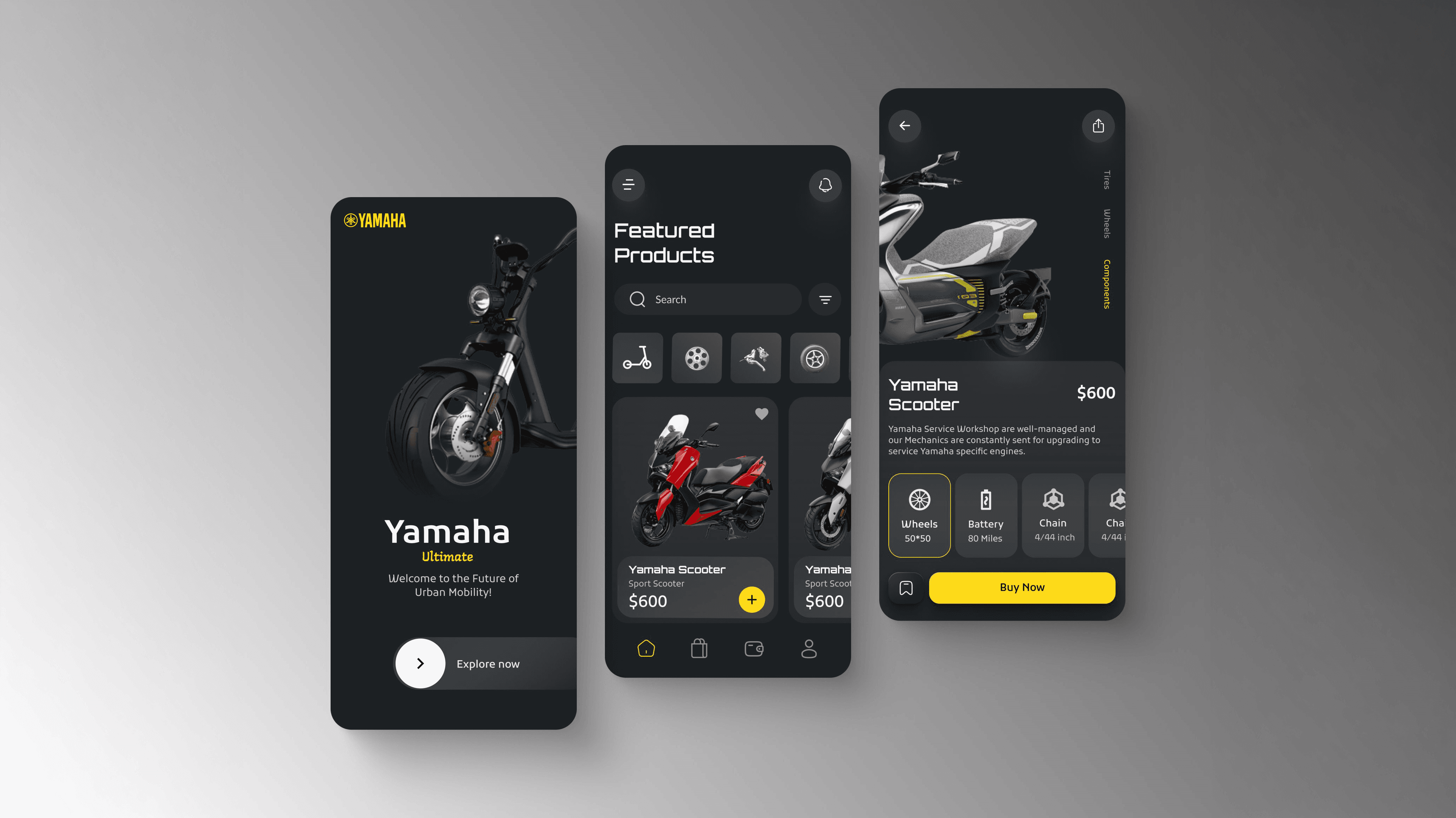 Three high-fidelity iOS screens: splash, featured products, and product detail