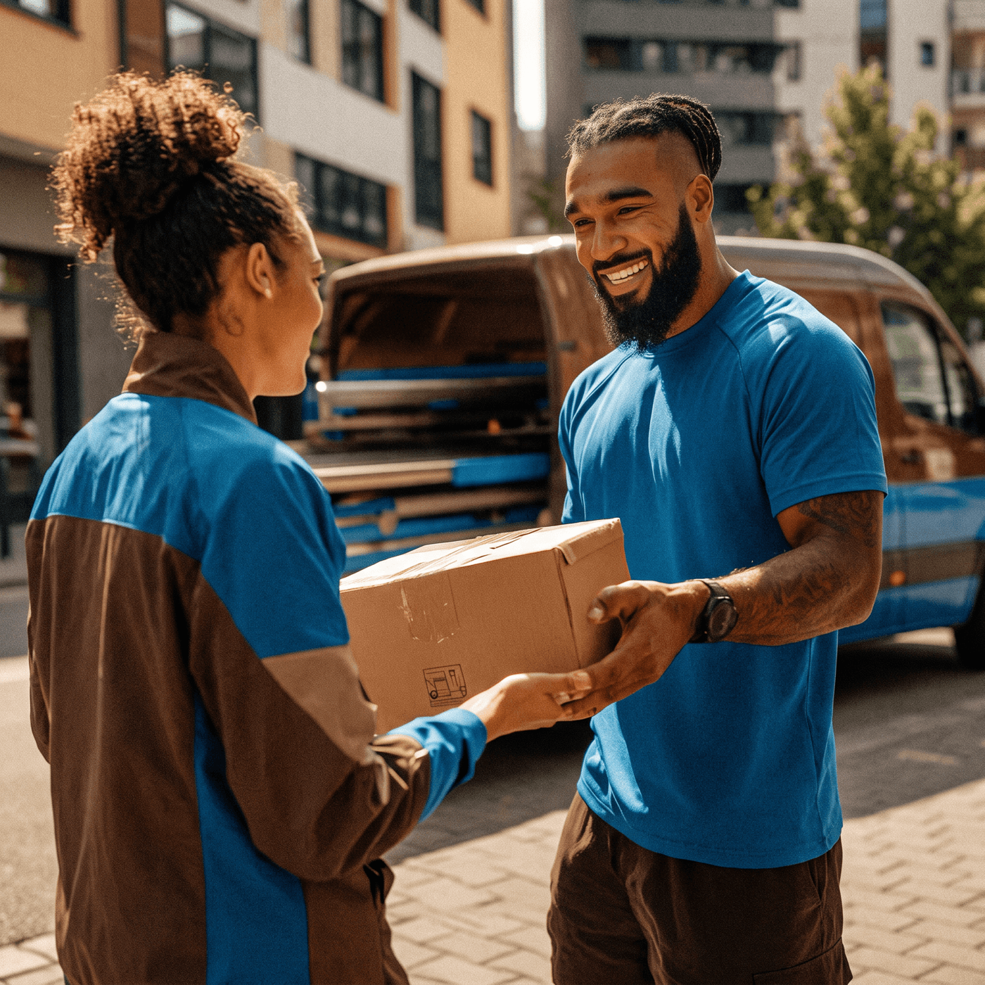 Two local service workers handing over a parcel beside a service van
