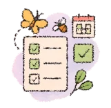 A pastel-colored illustration features a to-do list with checkboxes, a butterfly, a bee, a small calendar, and leaves, conveying productivity and nature-inspired planning.